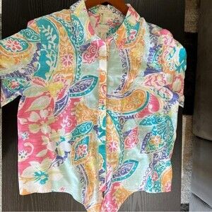 CHICO'S Top Floral Button Up Tie Front 3/4 Sleeve 100% Cotton